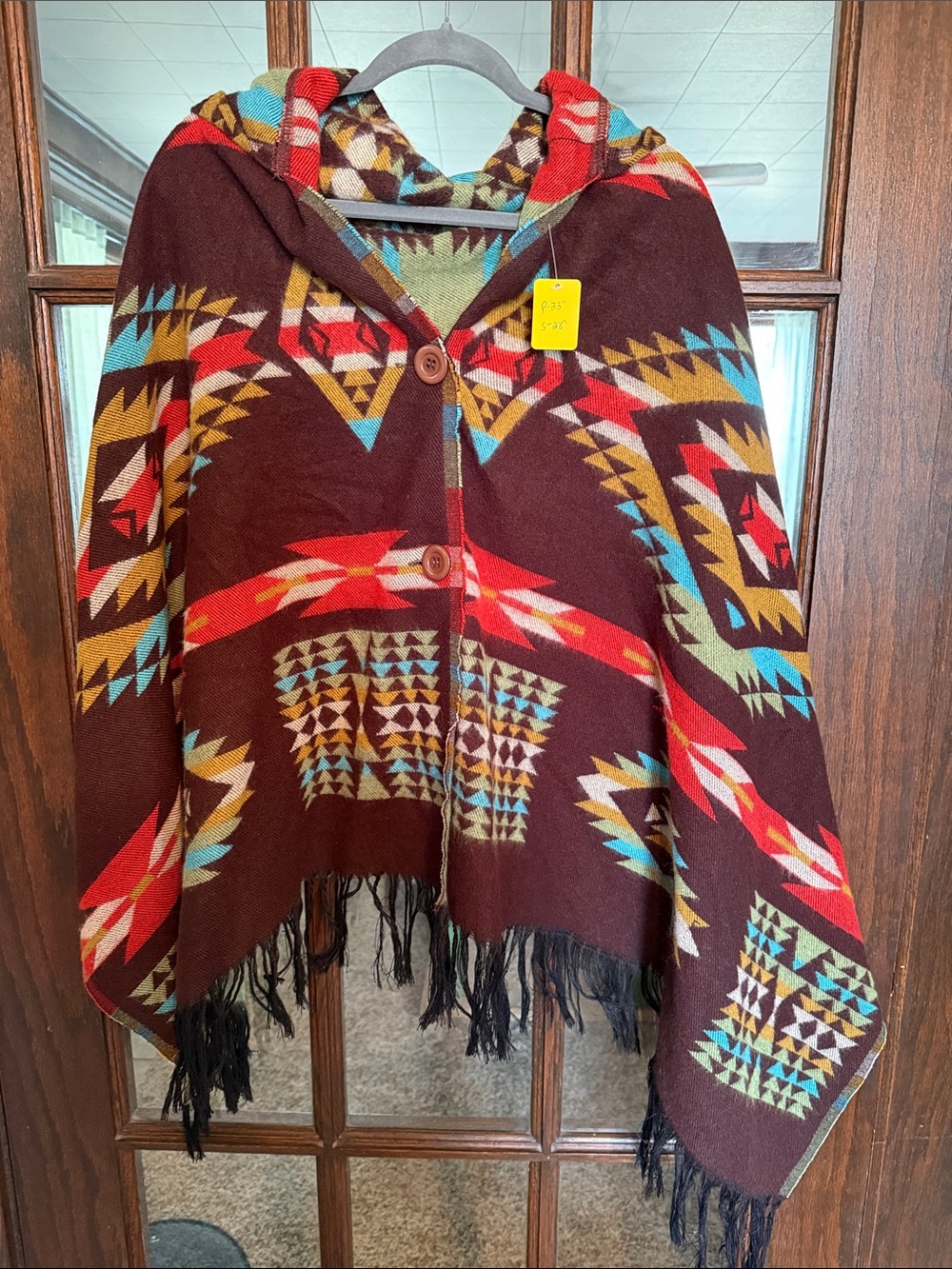 Women’s Hooded Aztec Poncho Jacket in Burgundy